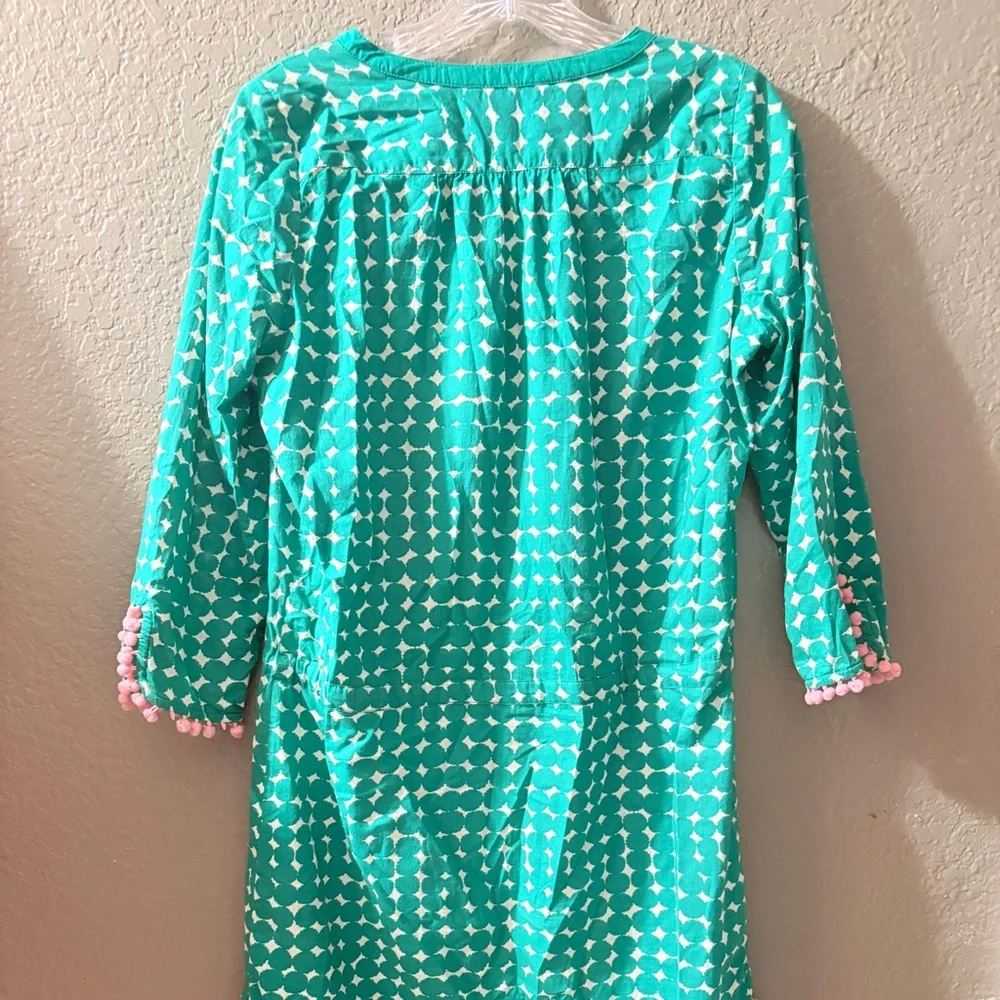 Boden Kelly Green & White Printed Tie-Waist 3/4 Sleeve Dress with Pink Pom Trim - Picture 6 of 13